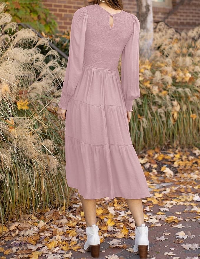 ZESICA Women's 2024 Casual Long Sleeve Crew Neck High Waist Smocked Flowy Tiered Midi Dress