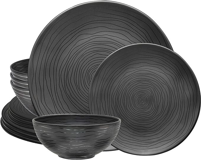 Bzyoo 12 Piece Melamine Dinnerware Set - Durable, Dishwasher Safe Organica Black Plates and Bowls Sets Casual Dish Set for Dining, Outdoor and Kitchen