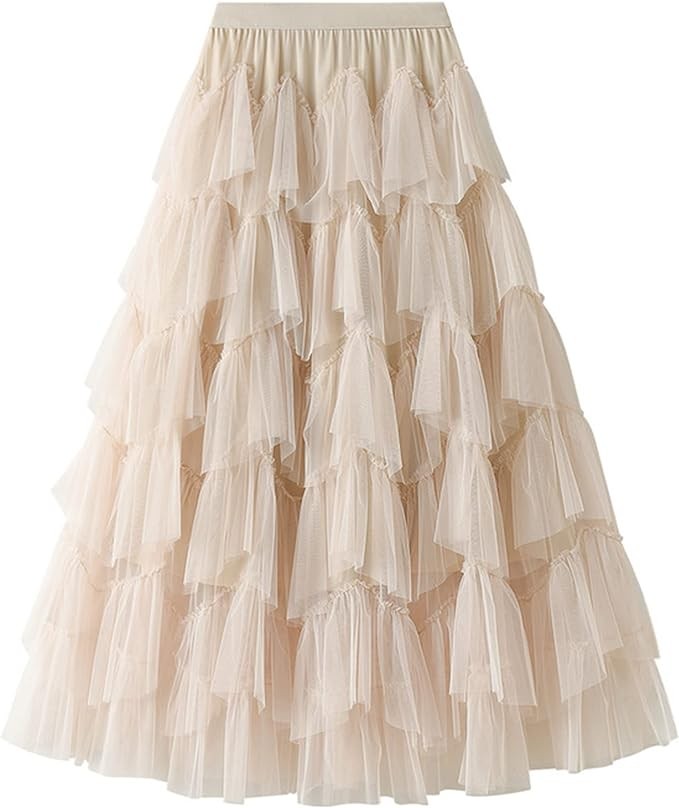 Dirholl Women's A-Line Fairy Elastic Waist Tulle Midi Skirt