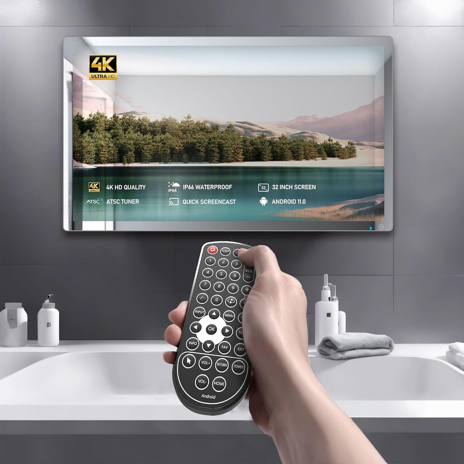 32-inch High-end Smart Bathroom Mirror TV - 4K Ultra HD, IP66 Waterproof, Android TV, Voice Remote Control, Built-in ATSC Tuner, HDMI (ARC), SPDIF, Upgrade Your Bathroom (Silver)