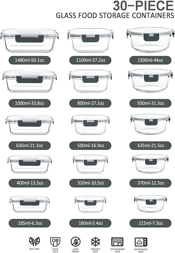 M MCIRCO 30 Pieces Glass Food Storage Containers with Snap Locking Lids,Glass Meal Prep Containers Set - Airtight Lunch Containers, Microwave, Oven, Freezer and Dishwasher