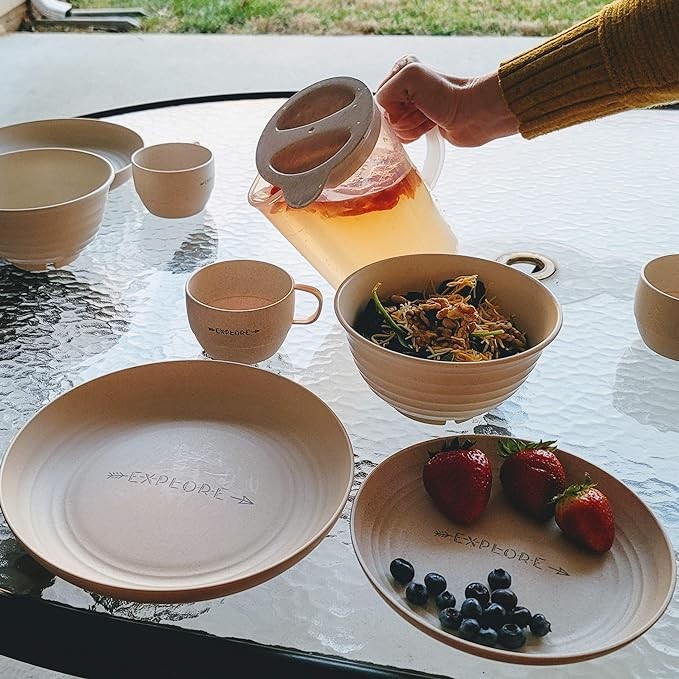 17-Piece Wheat Straw Dinnerware Set for 4 - Lightweight RV Dishes for Camper with Bag - Unbreakable RV Plates and Bowls Set - Microwave & Dishwasher Safe RV Dinnerware Set - RV Kitchen Accessories