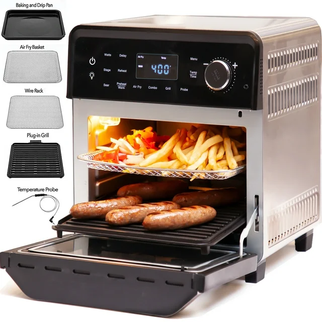 NuWave Todd English Air Fryer oven Pro-Smart Convection Toaster Oven with Smart Thermometer, Stainless Steel, Non-stick, Wide
