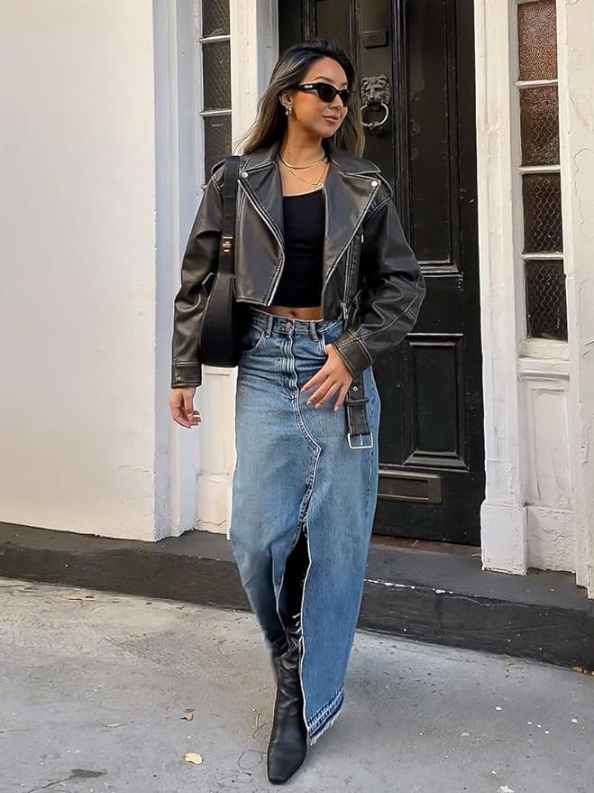 Drikio Womens Long Denim Skirt High Waist Split Skirt Zipper Up Asymmetrical Maxi Skirts Stretch Jean Skirt with Pockets